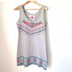 Johnny Was Embroidered Gray Dress Cotton Sleeveless Floral Embroidery